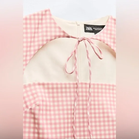 NEW Zara Tied White Pink Gingham Checkered Mini Dress XL L - Picture 9 of 9